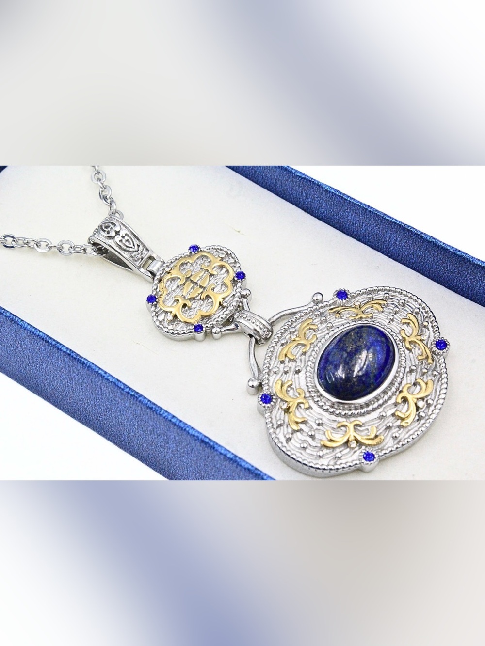 STS Signed Stainless Steel Two Tone Lapis Lazuli Cab Etruscan Style NWT Necklace